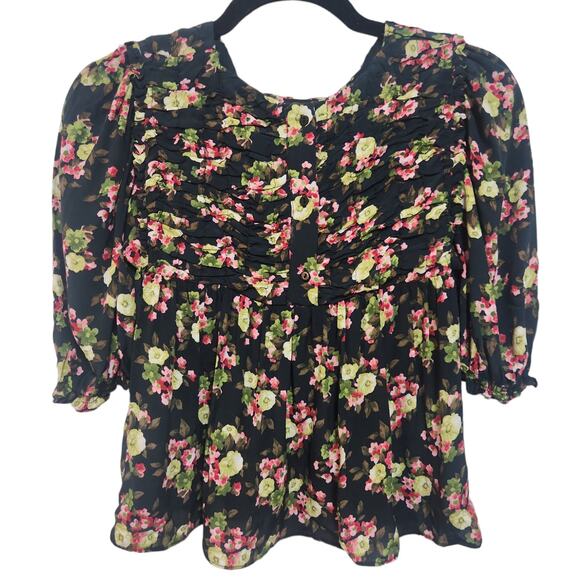 ZARA NWT Navy Floral Design buttons on back Puff Sleeves Top XS - Picture 4 of 9